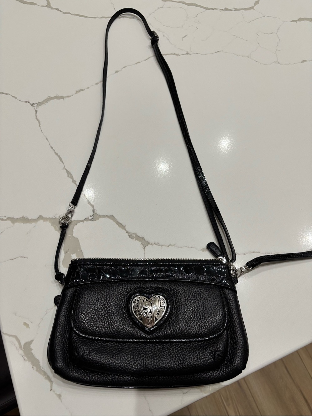 Brighton Black Crossbody Bag with Silver Heart Emblem
